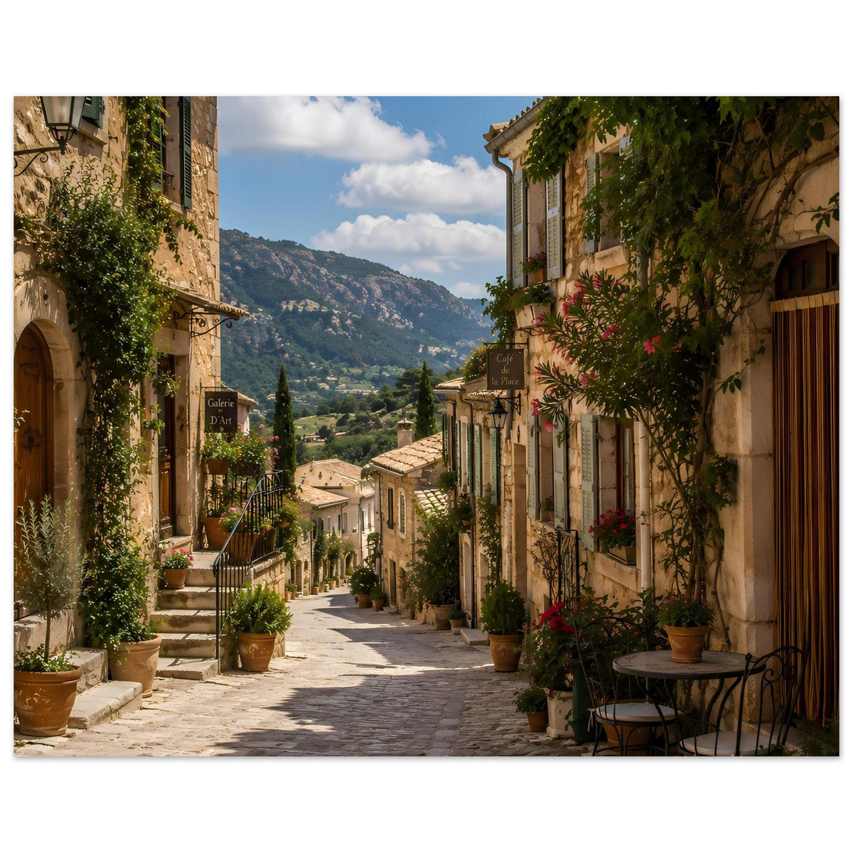 Poster mit mediterraner Gasse, Pflanzkübel und Bergpanorama
