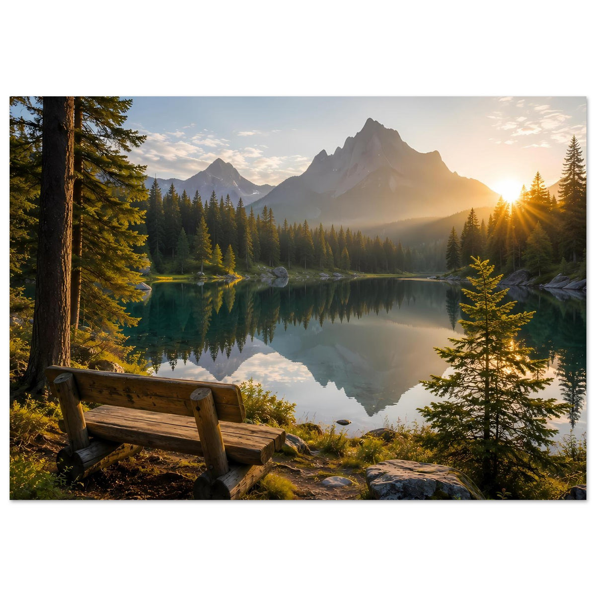 Poster mit Sonnenaufgang über Bergen und See, Holzbank vorn links, Nadelbäume rahmen die Szene