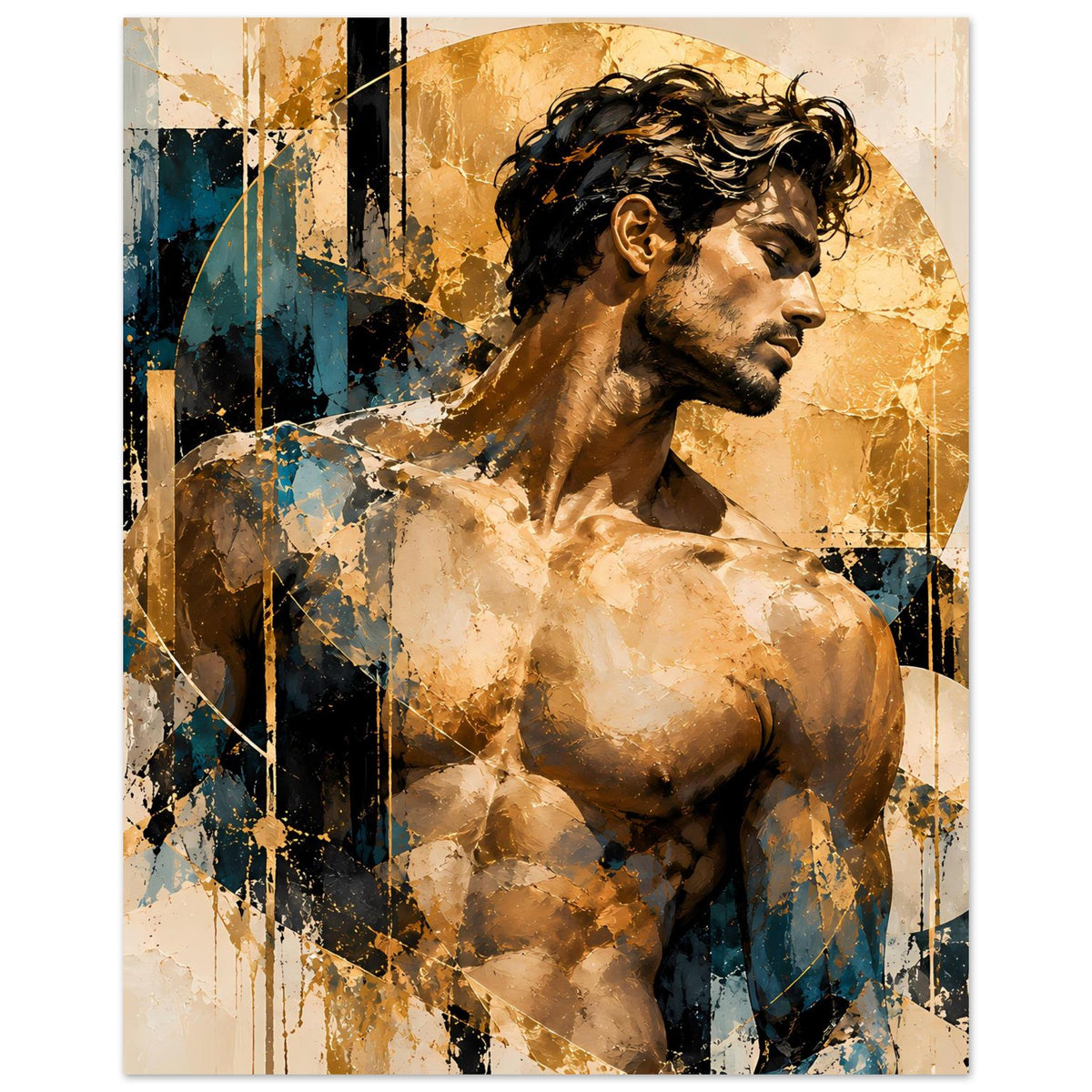 Hochformat-Kunstposter mit Aktfigur im Seitenprofil, goldene Akzente und blaue Farbflächen.