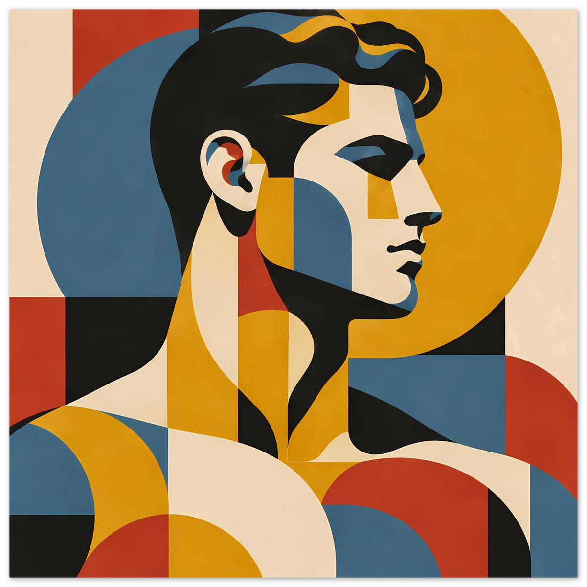 Bauhaus-inspiriertes Porträtposter (horizontal): Frauenprofil mit schwarzem Haar und kontrastreichen Flächen
