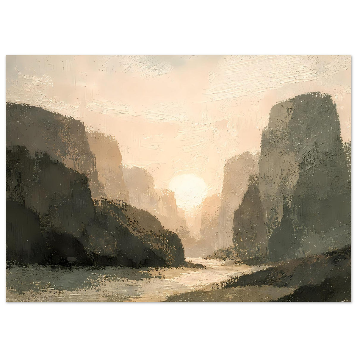 Poster mit Canyon-Passage und Abendsonne, warme Pastelltöne, dunkle Berge, querformatig