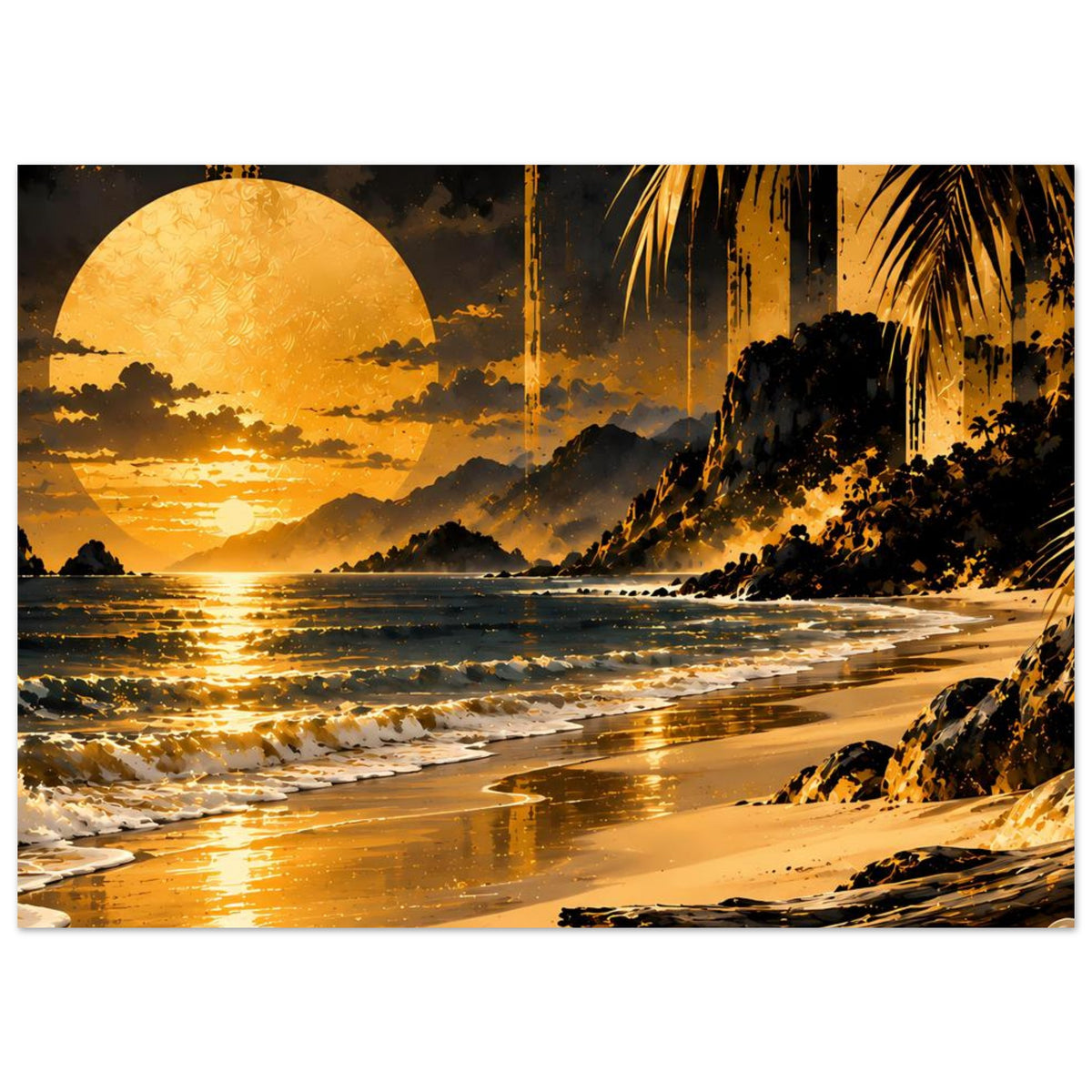 Horizontales Poster: goldener Sonnenuntergang am Strand mit Palmenblättern und Wellen.