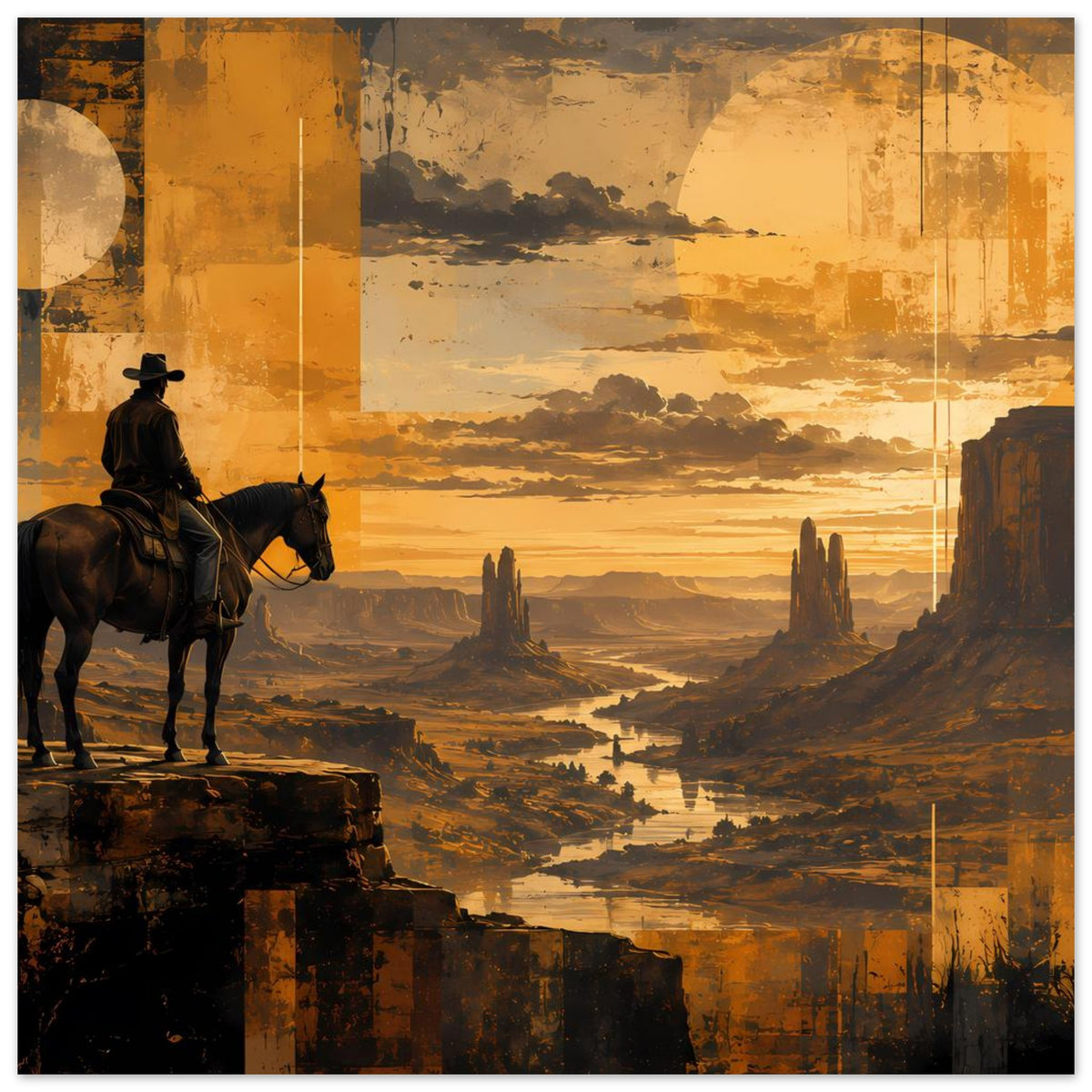 Wandposter mit Cowboy auf Pferd, Wüstenlandschaft und goldenem Sonnenuntergang, matte Oberfläche