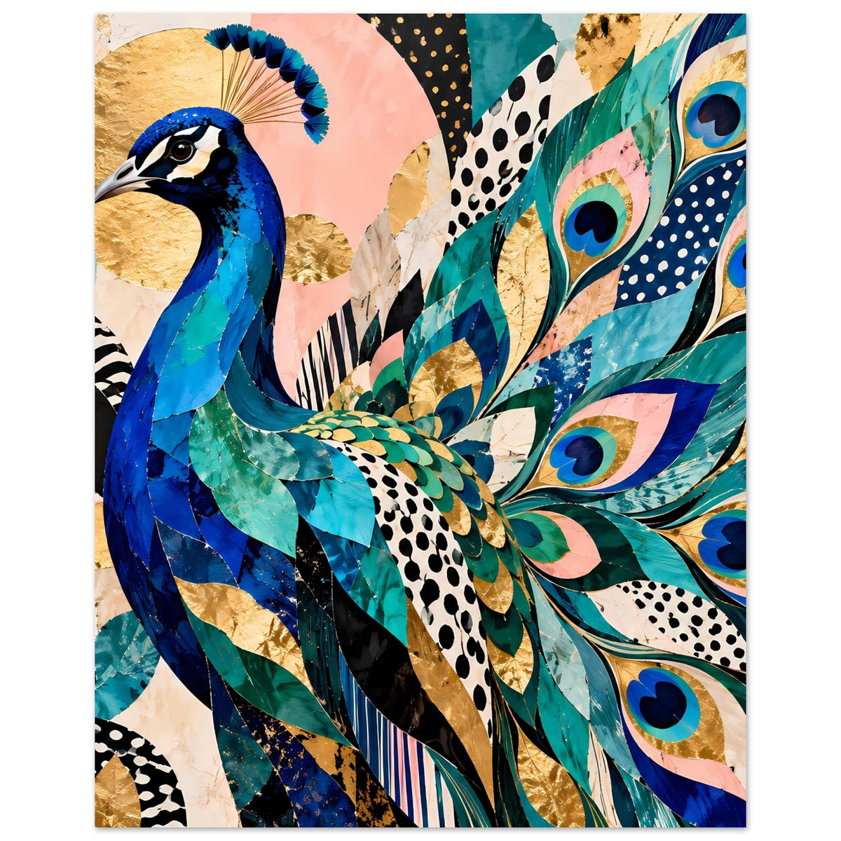 Kunstposter im Hochformat: Pfau mit türkisblauen Federn, goldene und grüne Muster