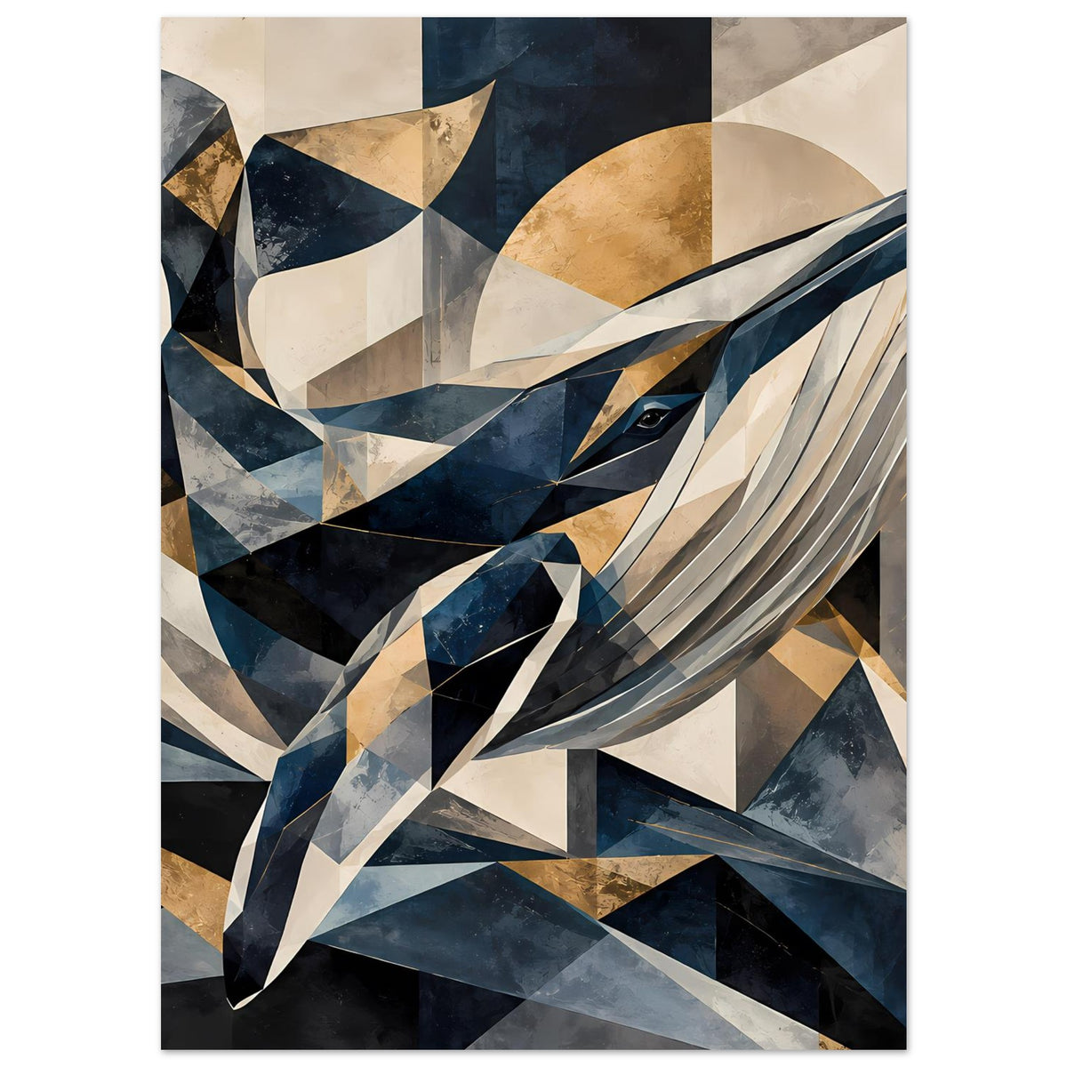 Geometrisches Wal-Poster mit detailreicher Linienstruktur, Blau-, Gold- und Cremefarben