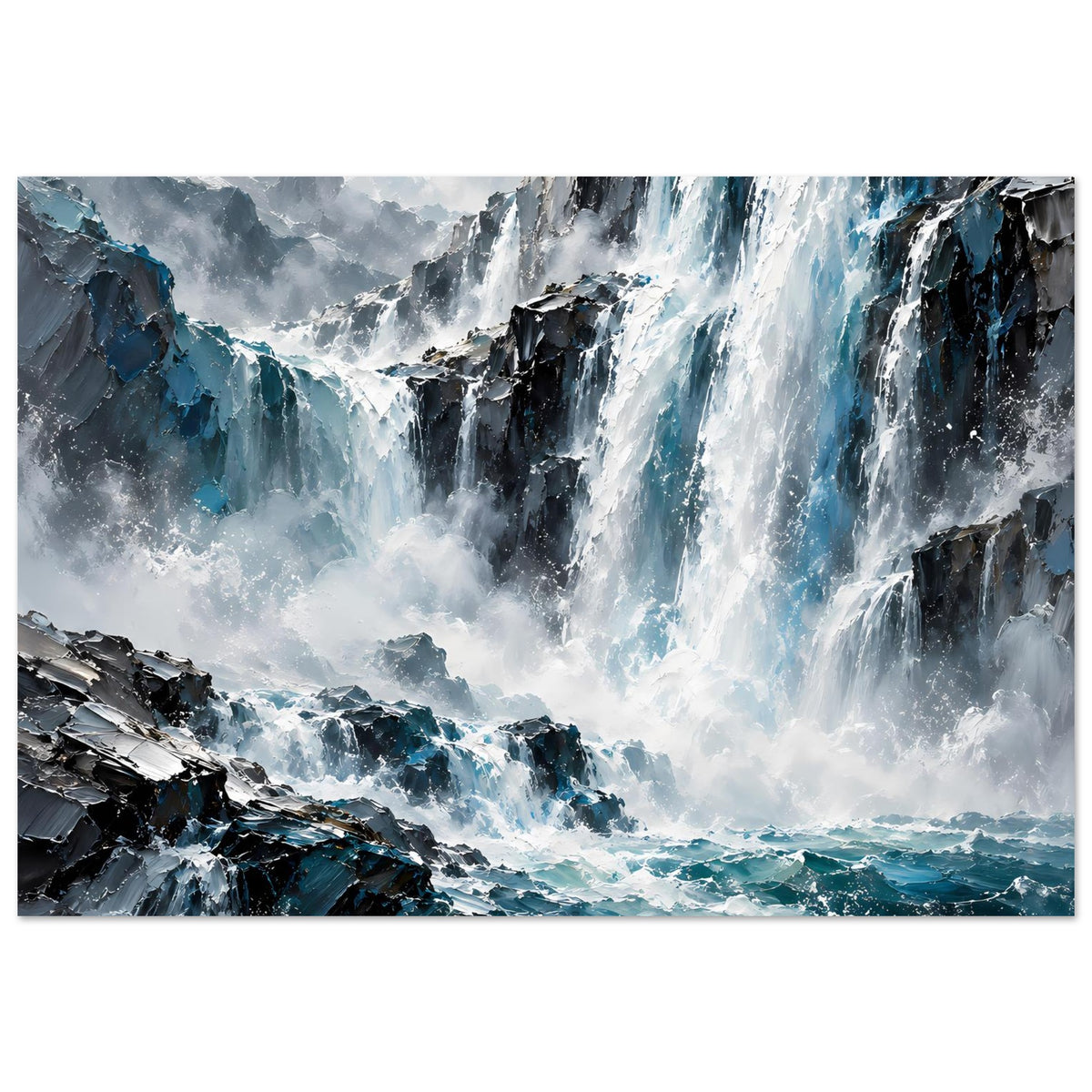 Horizontales Poster: Wasserfallfontänen und Felsgestein, kräftige Blau- und Weißakzente