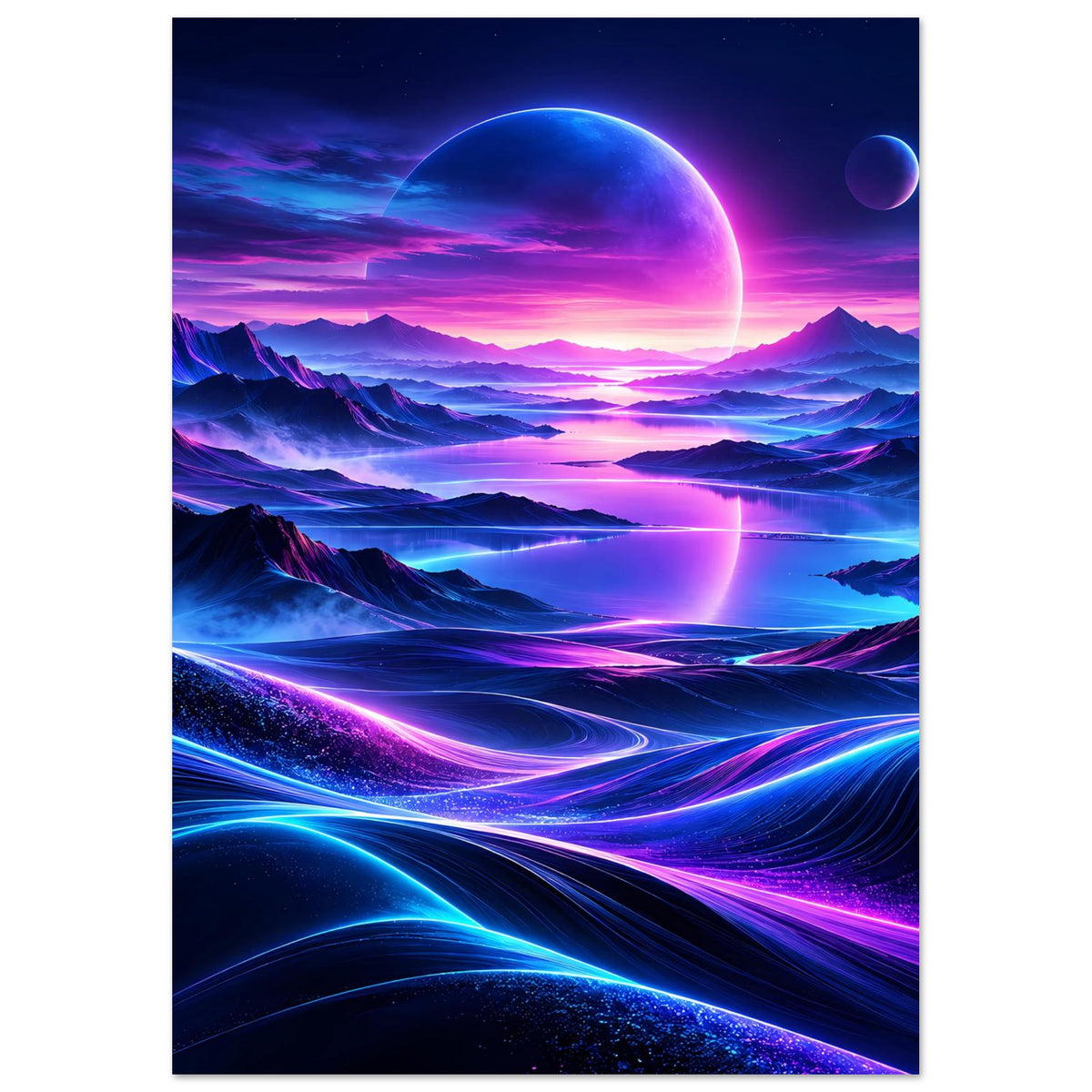 Neon-Weltraumposter im Hochformat, große Planetenkugel über Neon-Lichtlandschaft