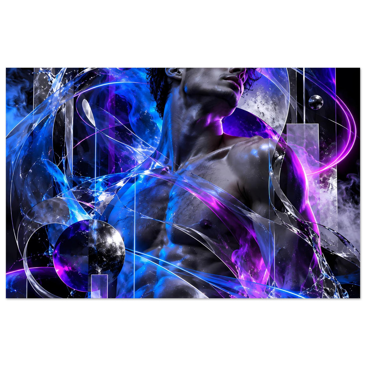 Futuristisches Poster mit Energiefigur in Blau und Violett, Energieblitze und Linien