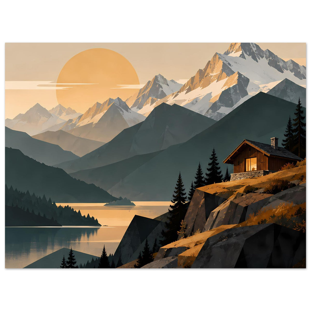 Wandposter Alpenlandschaft mit See, Berggipfeln, Felsvordergrund und Holzhaus an der Seite