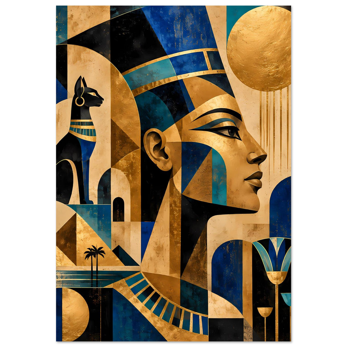 Ägyptisches Kunstposter mit Profilbüste und Sonnenkreis in Blau-, Gold- und Schwarztönen