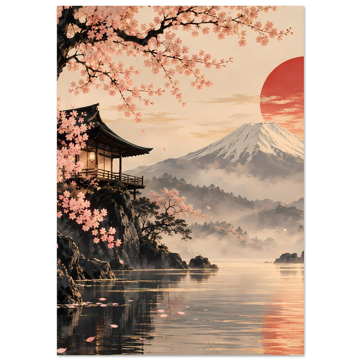 Wandposter im Hochformat mit Kirschblütenzweigen, japanischem Pavillon, Mount Fuji und Sonnenkreis