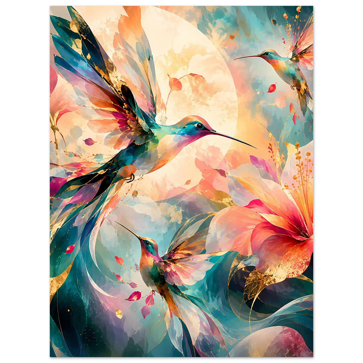 Kunstposter im Hochformat mit Kolibri und Blüten, farbenreiche Aquarell- und Sprenkeloptik