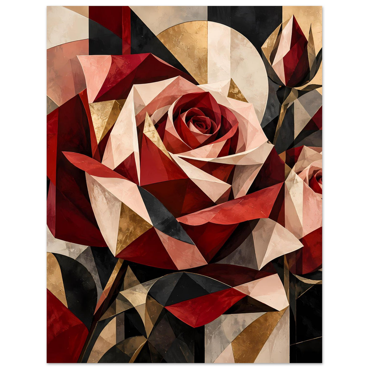 Blumenposter mit roter Rosenblüte im geometrischen Stil, goldene, beiger und schwarze Flächen