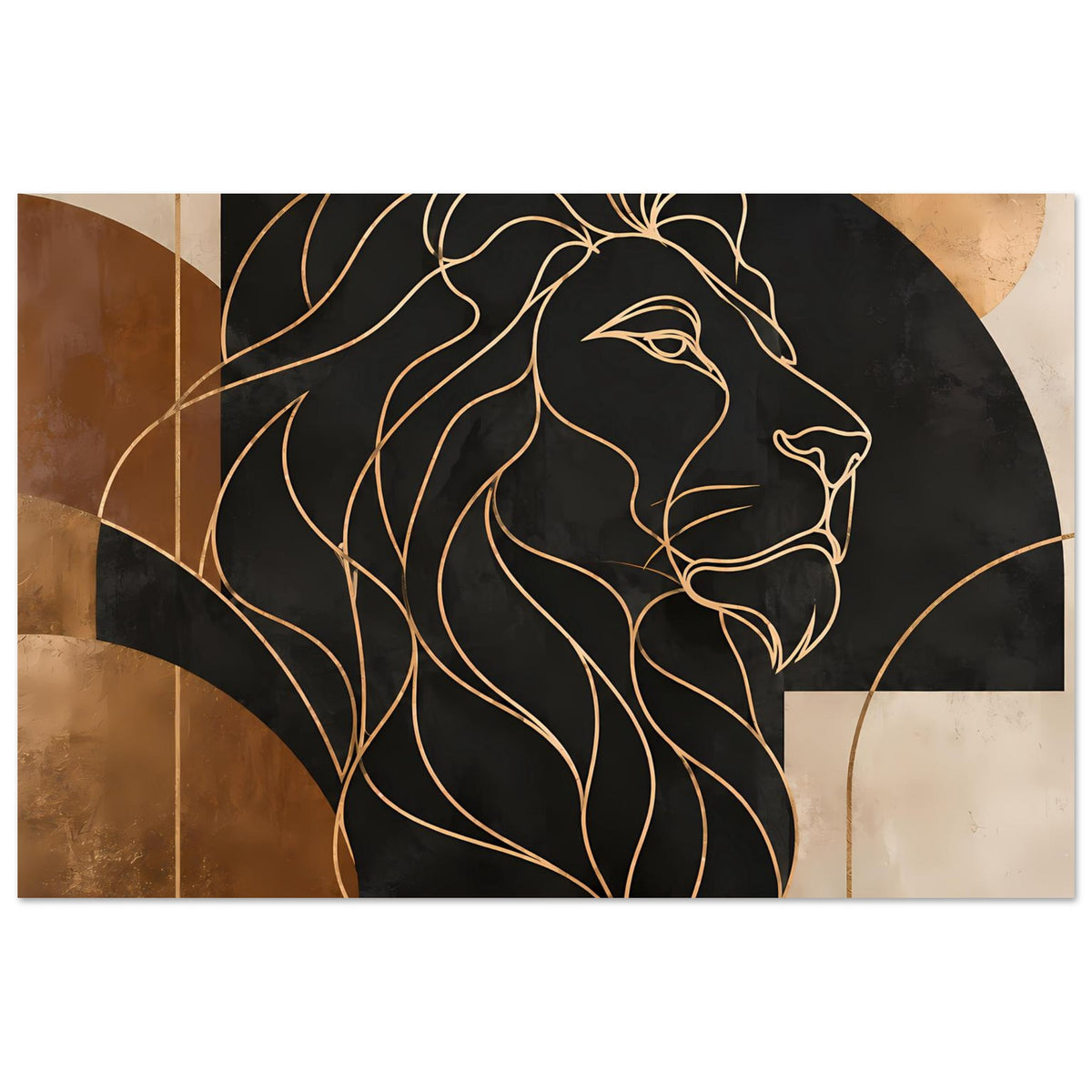 Poster mit geometrischem Löwenkopf, Gold-Bronze-Konturlinien auf schwarzem Hintergrund
