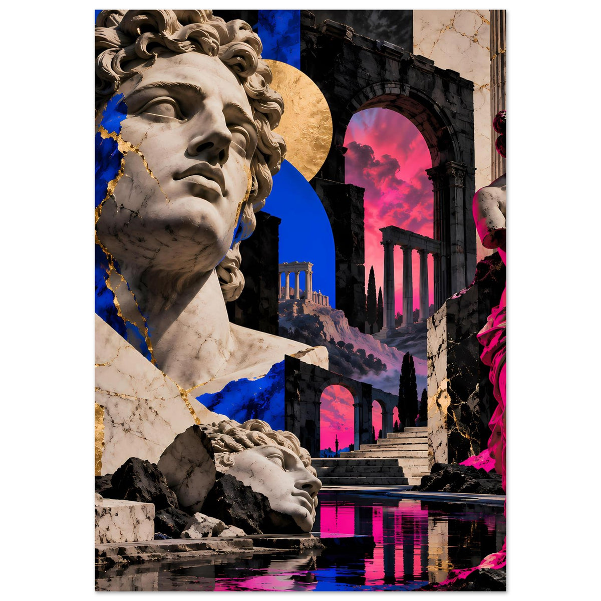 Vertikaler Kunstdruck mit klassischer Statue im Vordergrund, blau-pink Farbakzente
