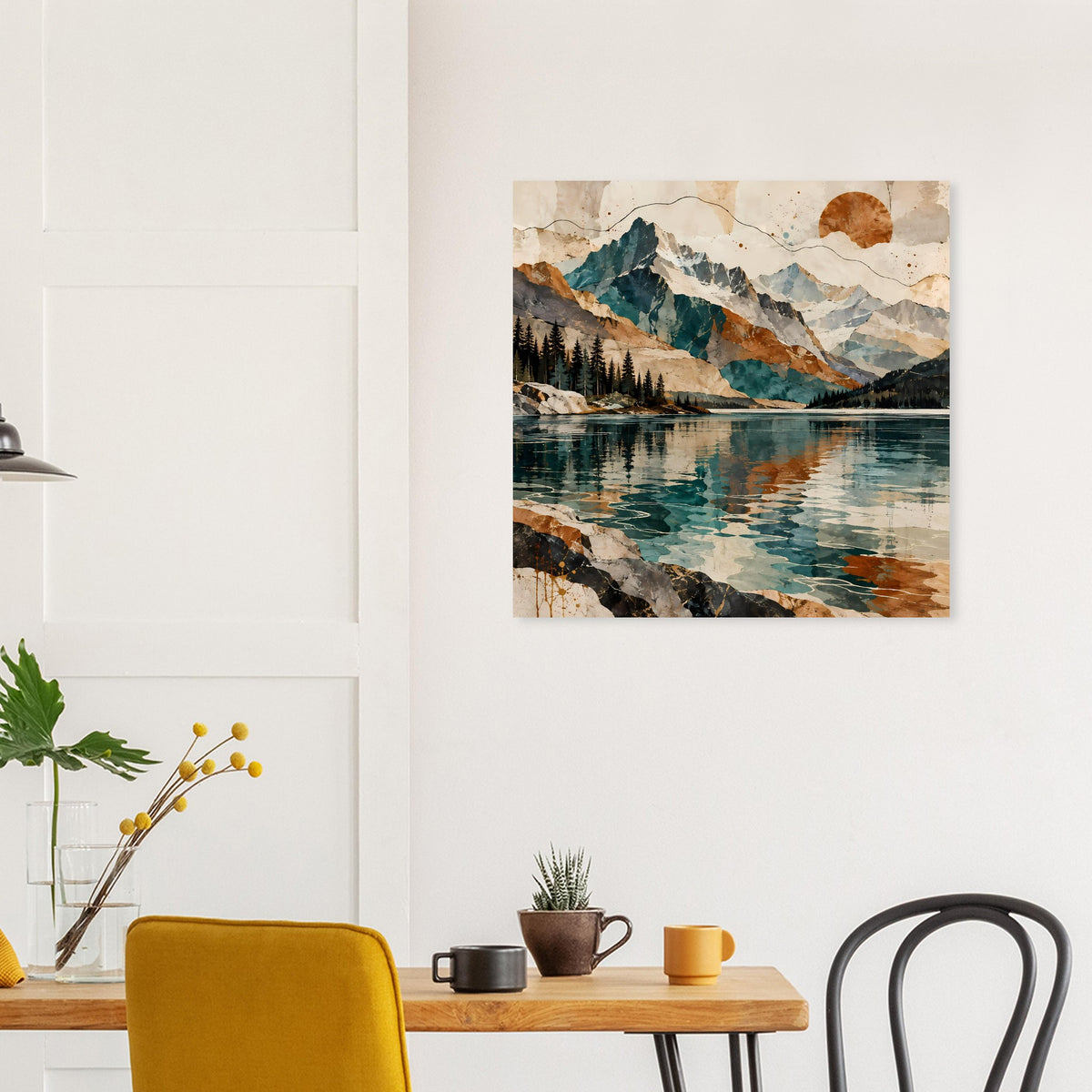 Wandposter mit Landschaftsmotiv aus Bergen und Seeufer, türkisfarbenes Wasser
