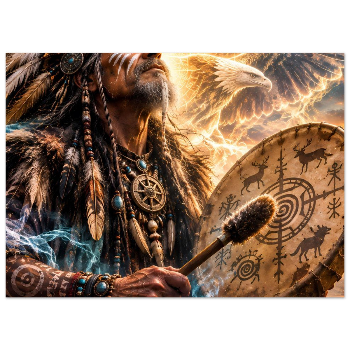 Fantasy-Poster: Schamane und goldener Adler mit Trommel, im Nahbereich