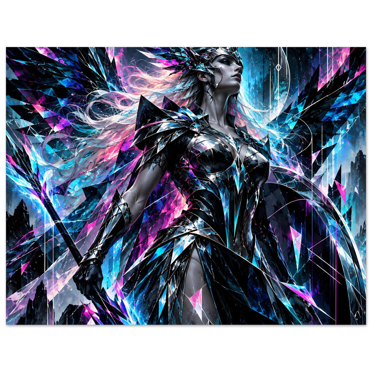 Neon-Valkyrie-Poster: hochkant, silberne Figur mit Blau- und Pink-Glitch-Highlights