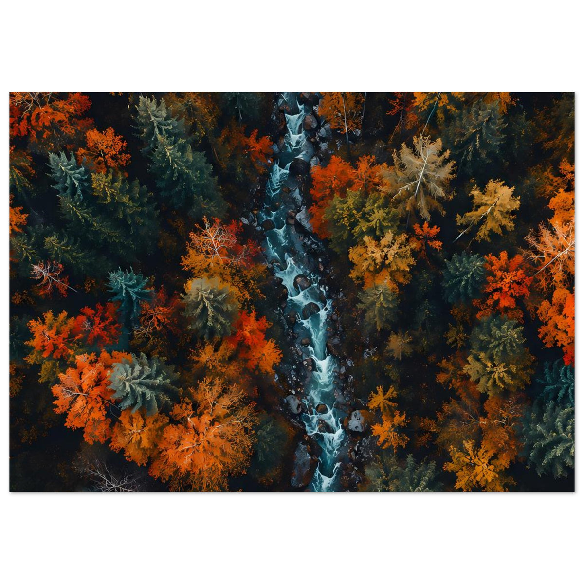 Herbstliches Flusswald-Poster im Querformat: Bachlauf durch leuchtende Bäume in Orange