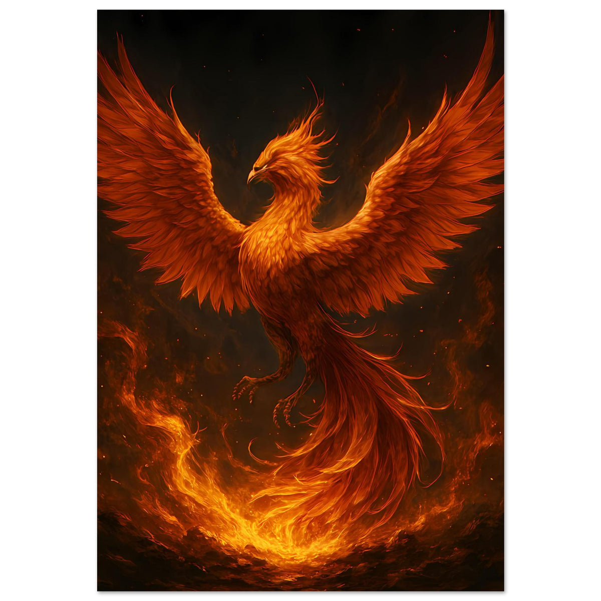 Poster mit Phönixfigur aus Feuer, ausgebreitete Flügel und glühende Flammen am unteren Rand