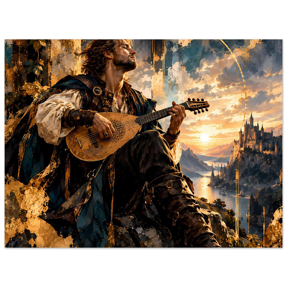 Fantasy-Barden-Poster, vertikal: Gitarrist mit Umhang und Burglandschaft im Licht des Sonnenuntergangs