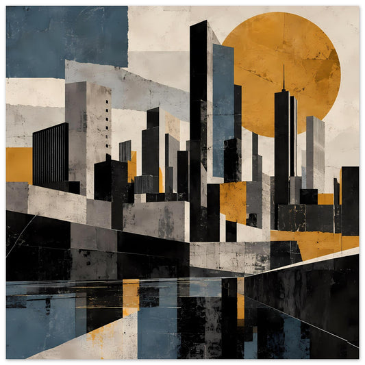 Abstraktes Stadtposter mit geometrischer Skyline, schwarzen Türmen und großem gelben Kreis