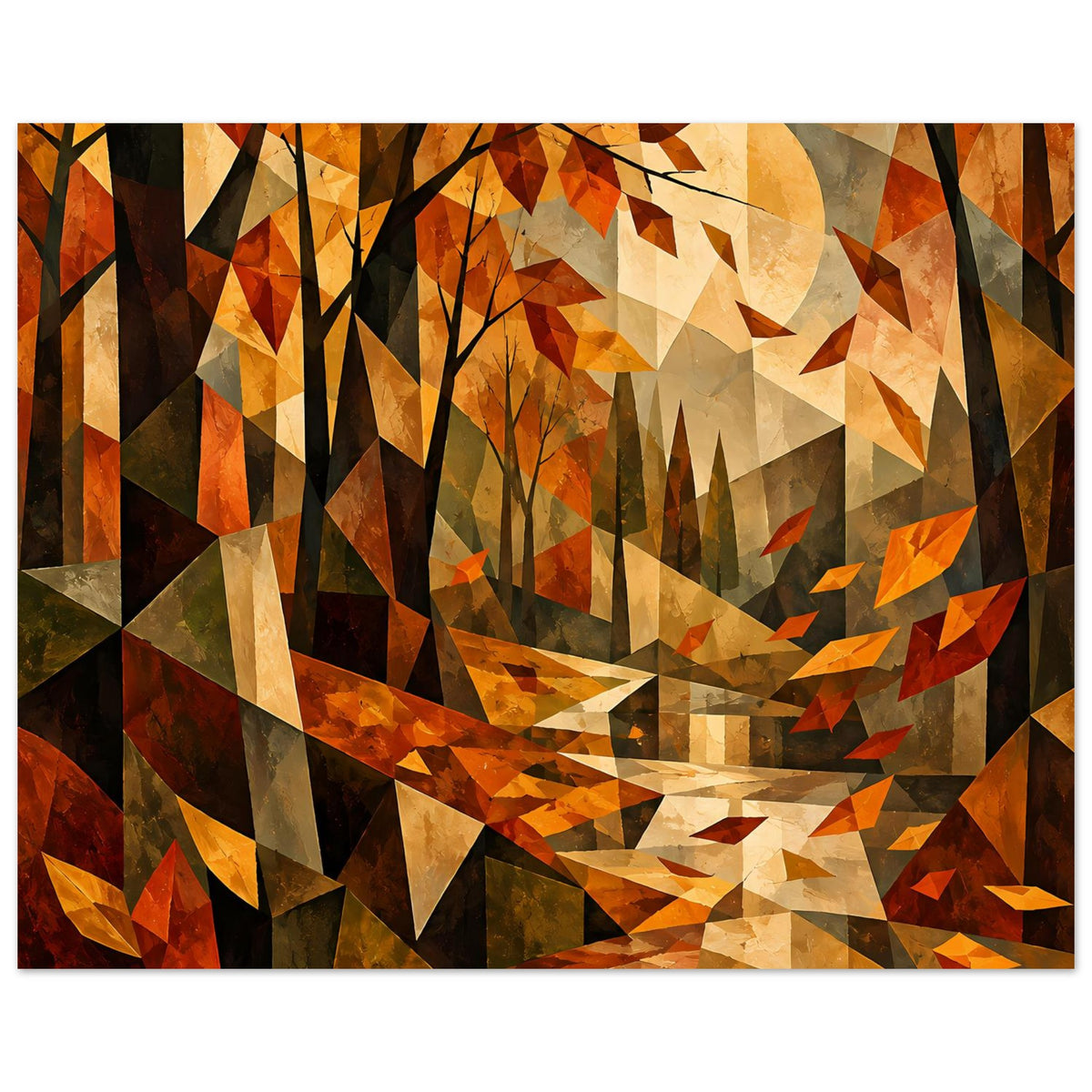 Querformat-Poster: geometrische Bäume in Herbstfarben, kubistische Flächen mit warmen Kontrasten.