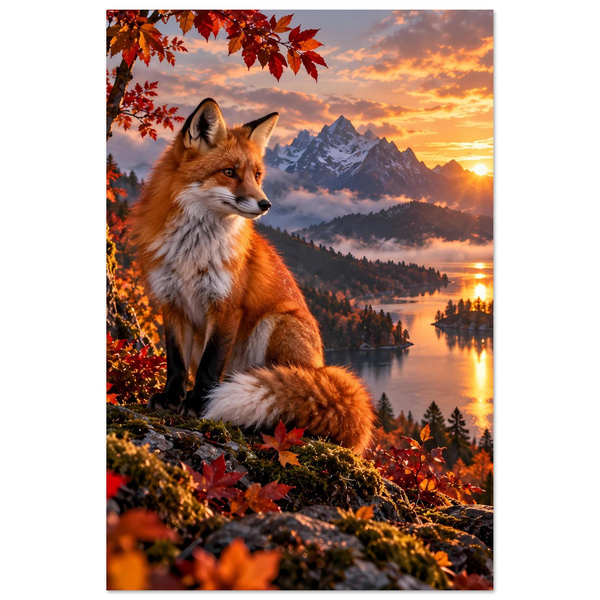 Wandposter: Fuchs vor Landschaft mit Nebelbergen, goldener Himmel und spiegelndes Wasser