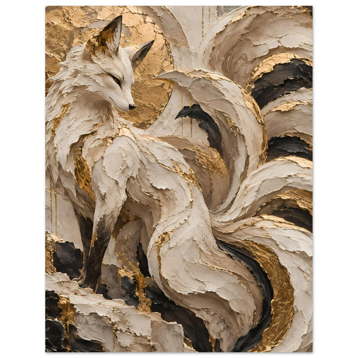 Kunstposter mit Fuchs vor abstrakter Gold- und Beige-Textur, gerahmter Druck im Hochformat