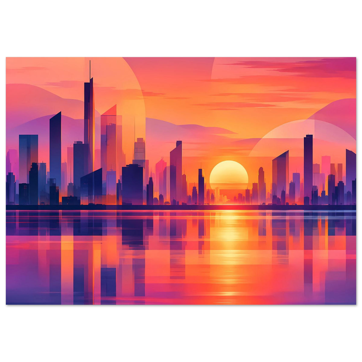 Horizontaler Stadtposter mit Neon-Skyline, orangefarbenem Sonnenuntergang und Wasserspiegelung.