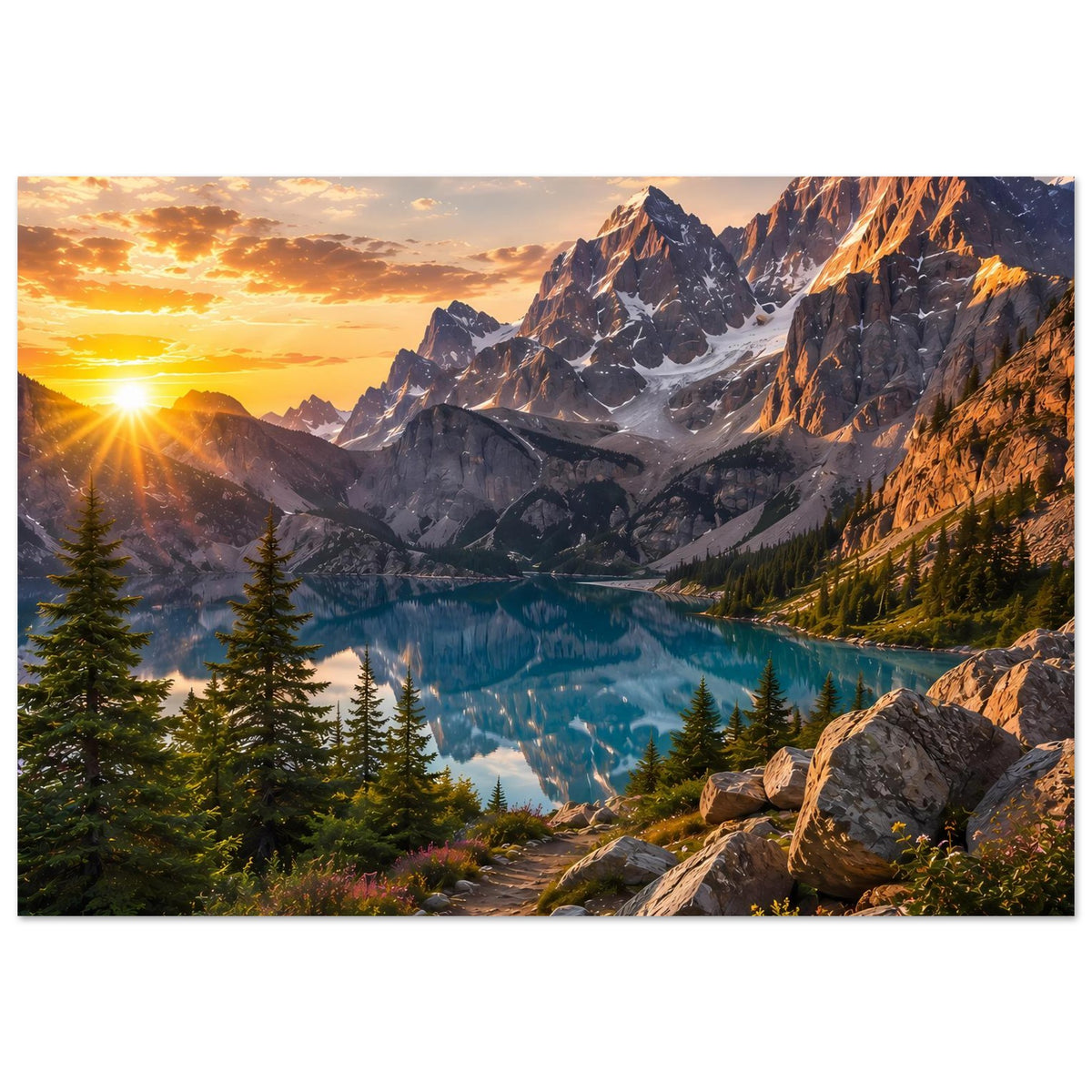 Horizontales Wandposter mit Berggebirge, Bergsee, Tannenwald und warmem Sonnenlicht