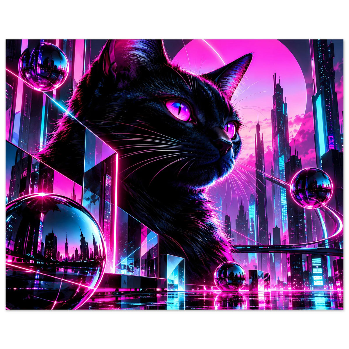 Poster mit schwarzer Katze im Neon-Look, futuristische Skyline mit Kugeln und Lichtringen
