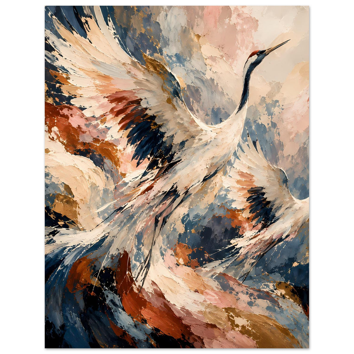 Poster mit fliegenden Kranichen, dynamische Pinselstriche in Creme, Blau und Terracotta