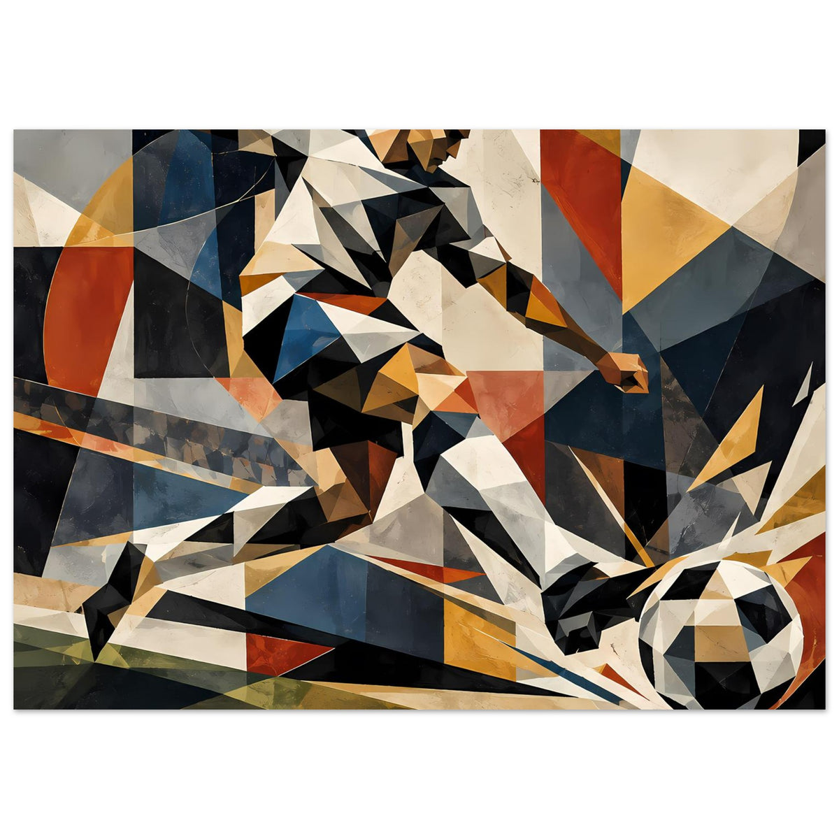 Poster Fußballspieler in dynamischer Laufpose, geometrische Flächen und Fußball im Bild