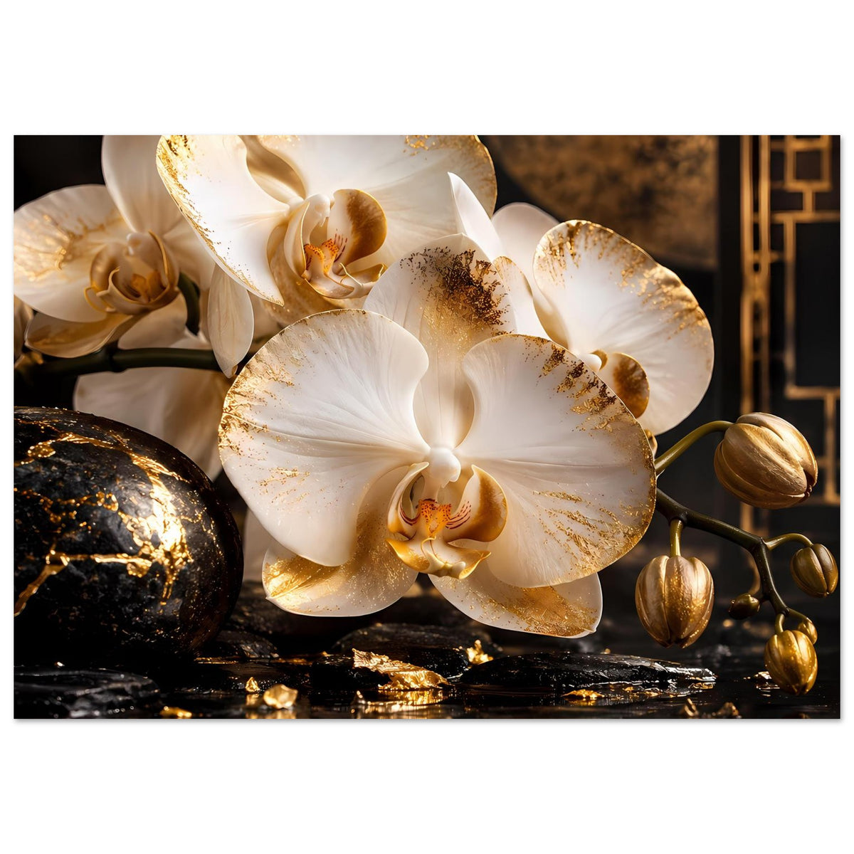 Poster mit weißen Orchideenblüten, goldig schimmernden Rändern und Details