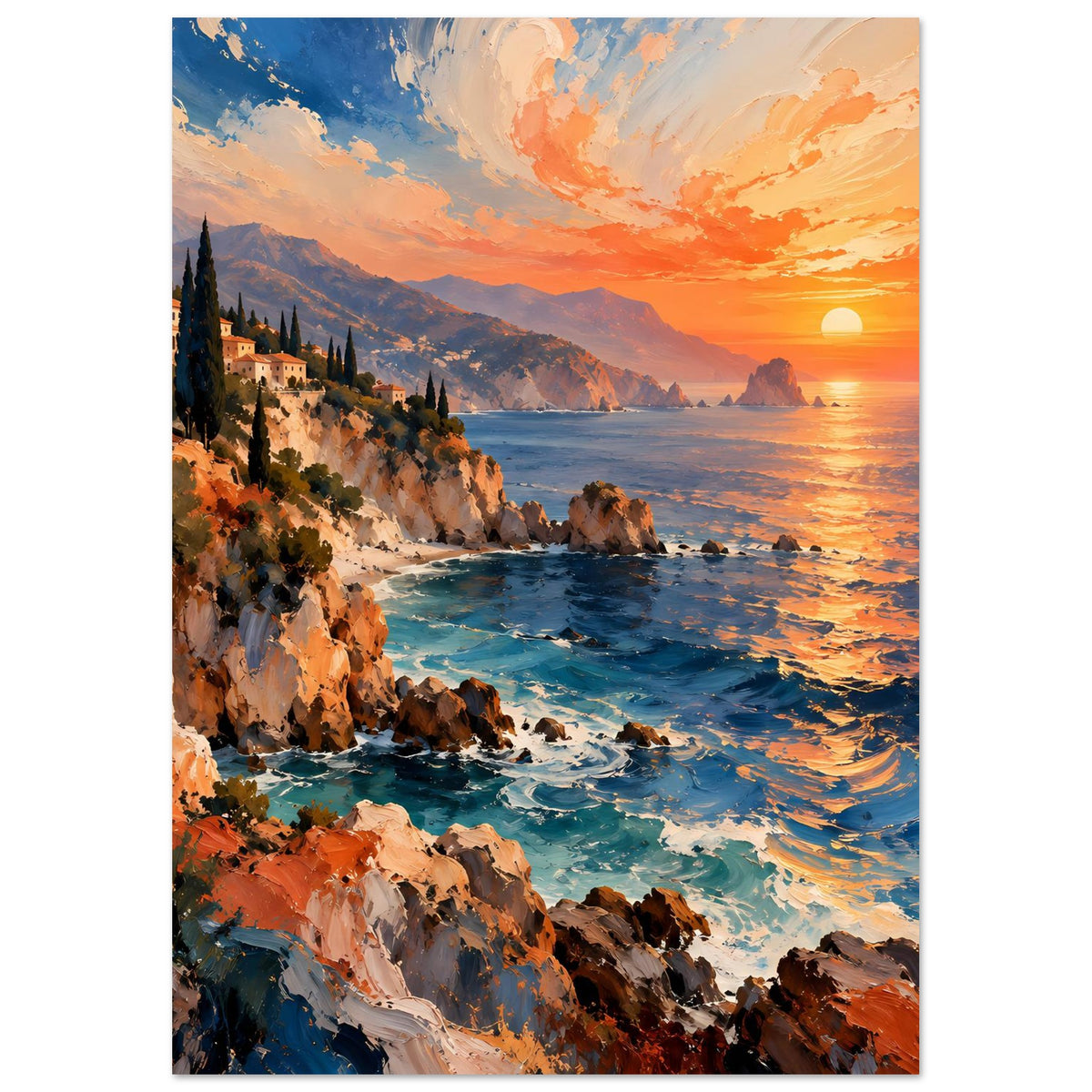 Poster (vertikal): Sonnenuntergang über dem Meer mit Steilküste und Häusern am Hang