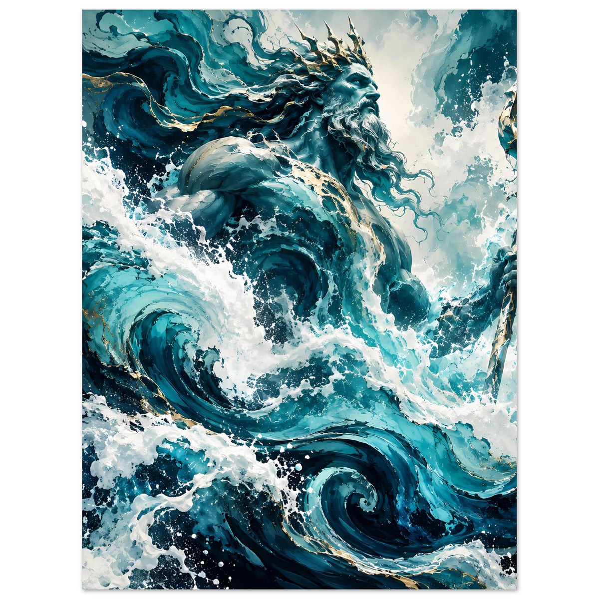 Vertikales Poster mit Poseidon/Ozean-Gott, türkis-blaue Wellen und goldener Dreizack-Spitze rechts