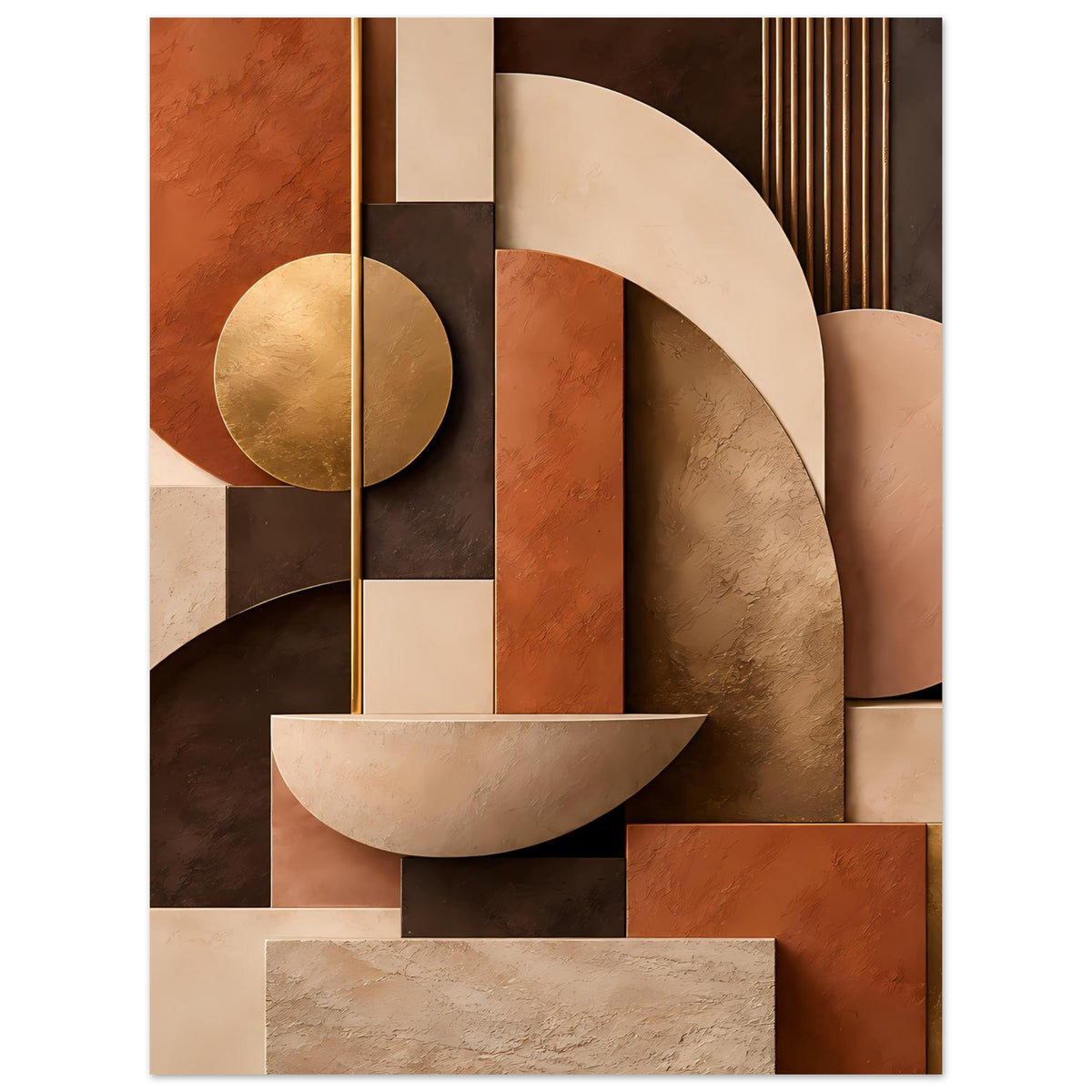 Kunstposter mit abstrakten Halbkreisen und Rechtecken in Terrakotta, Beige, Gold