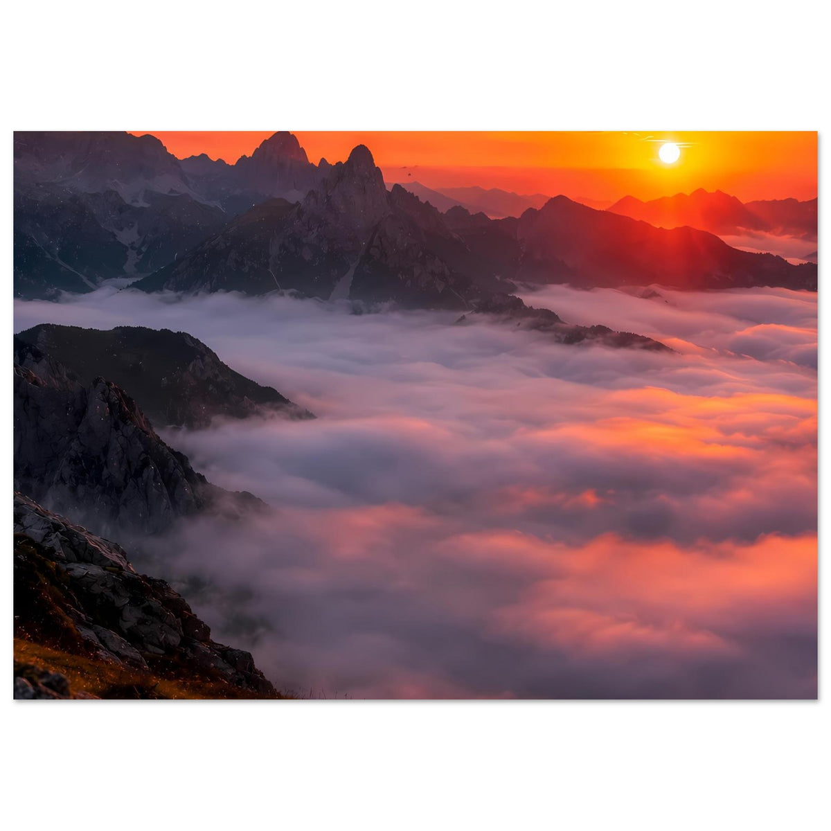 Poster im Querformat: Berggipfel im Nebelmeer, orangefarbener Himmel und tiefer Sonnenstrahl.