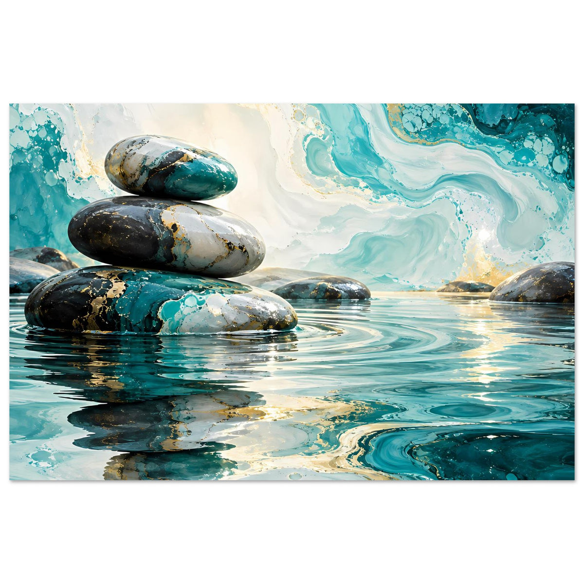 Zen-Poster mit Marmorsteinen im türkisfarbenen Wasser, goldene Akzente und klare Spiegelungen