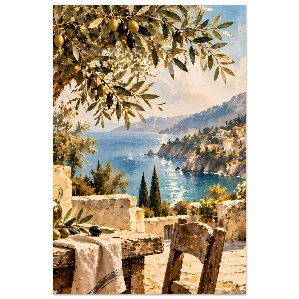 Vertikales Poster: Olivenzweige im Vordergrund, Meer mit Segelboot, Häuser am Ufer