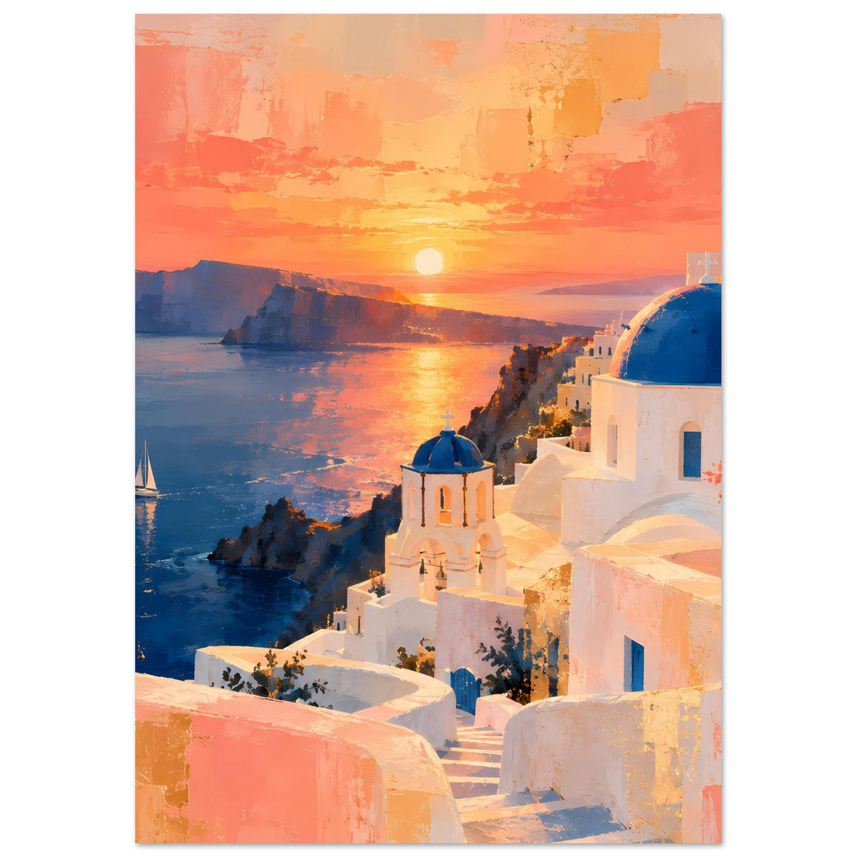 Wandposter mit Sonnenuntergang über dem Wasser und Blick auf weiße Treppenanlagen