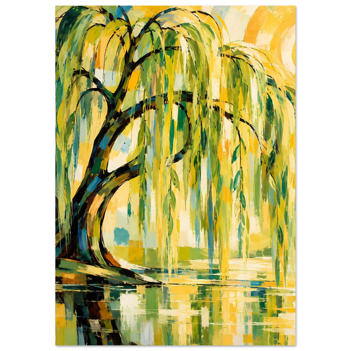 Poster mit Aquarell-Wilkenbaum, grünen und gelben Blättern, Spiegelung im Wasser