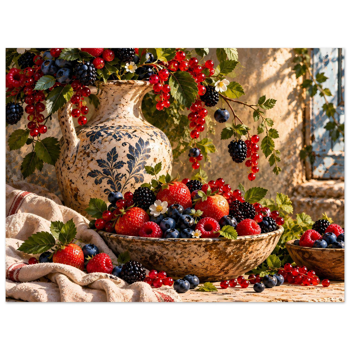 Beeren-Stillleben-Poster mit Vase voller Beeren, roten und blauen Früchten im Motiv