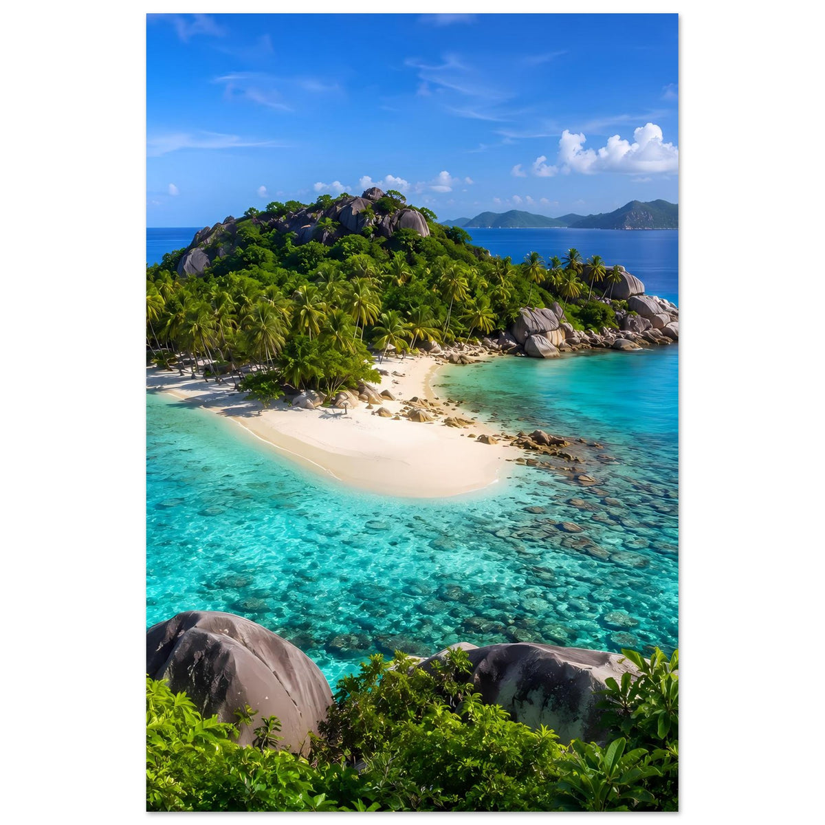 Tropen-Insel-Foto-Poster, vertikal: tropische Bucht, grüne Insel, türkisblaues Wasser