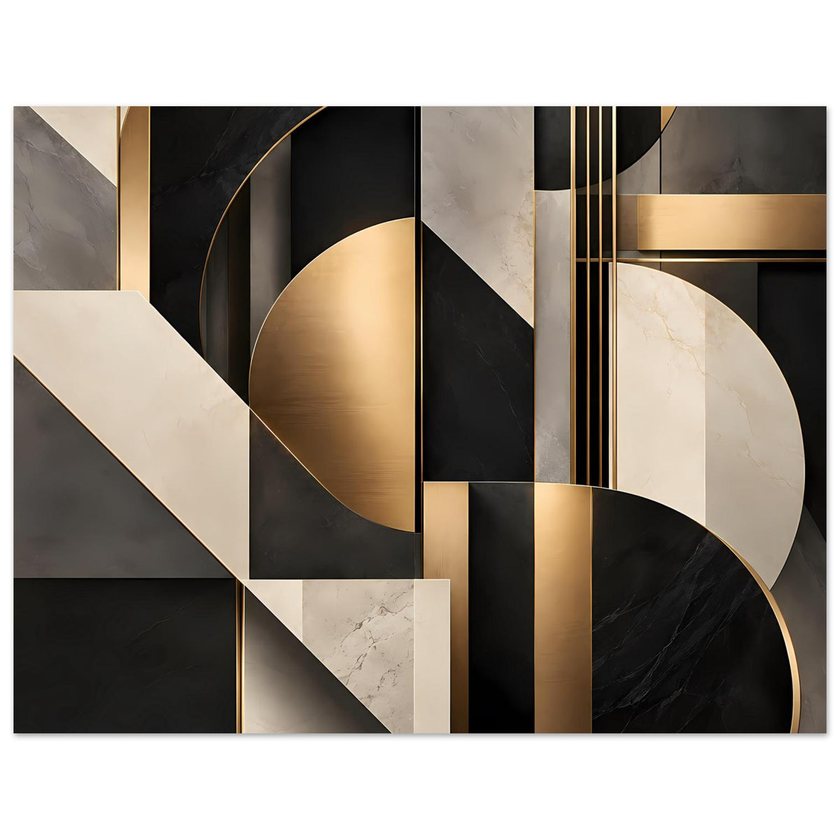 Geometrisches Kunstposter mit goldenen Kanten, schwarzen Kurven und marmorierten Streifen