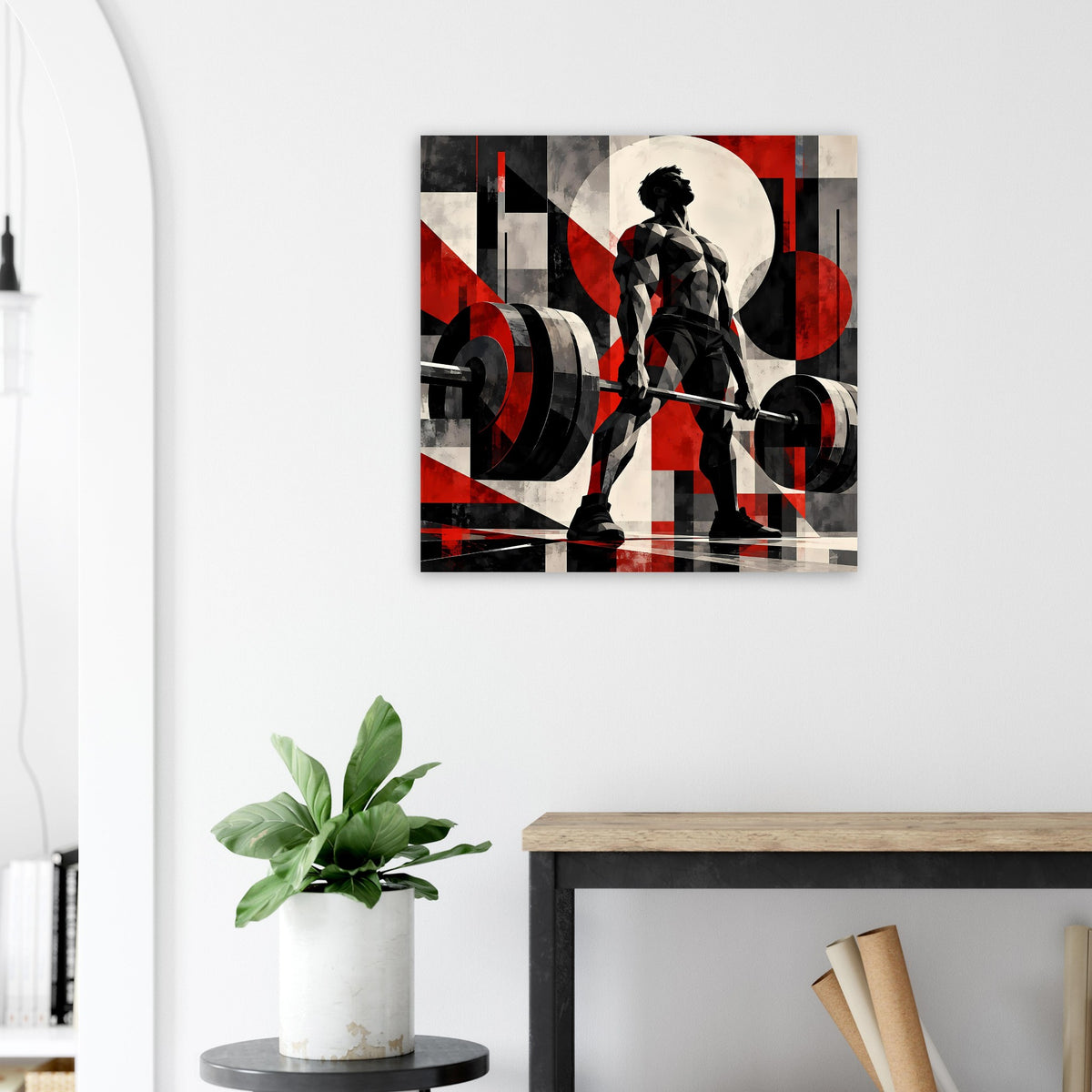 Quadratisches Fitnessposter: Silhouette eines Athleten mit Langhantel, rot-schwarz-weiß