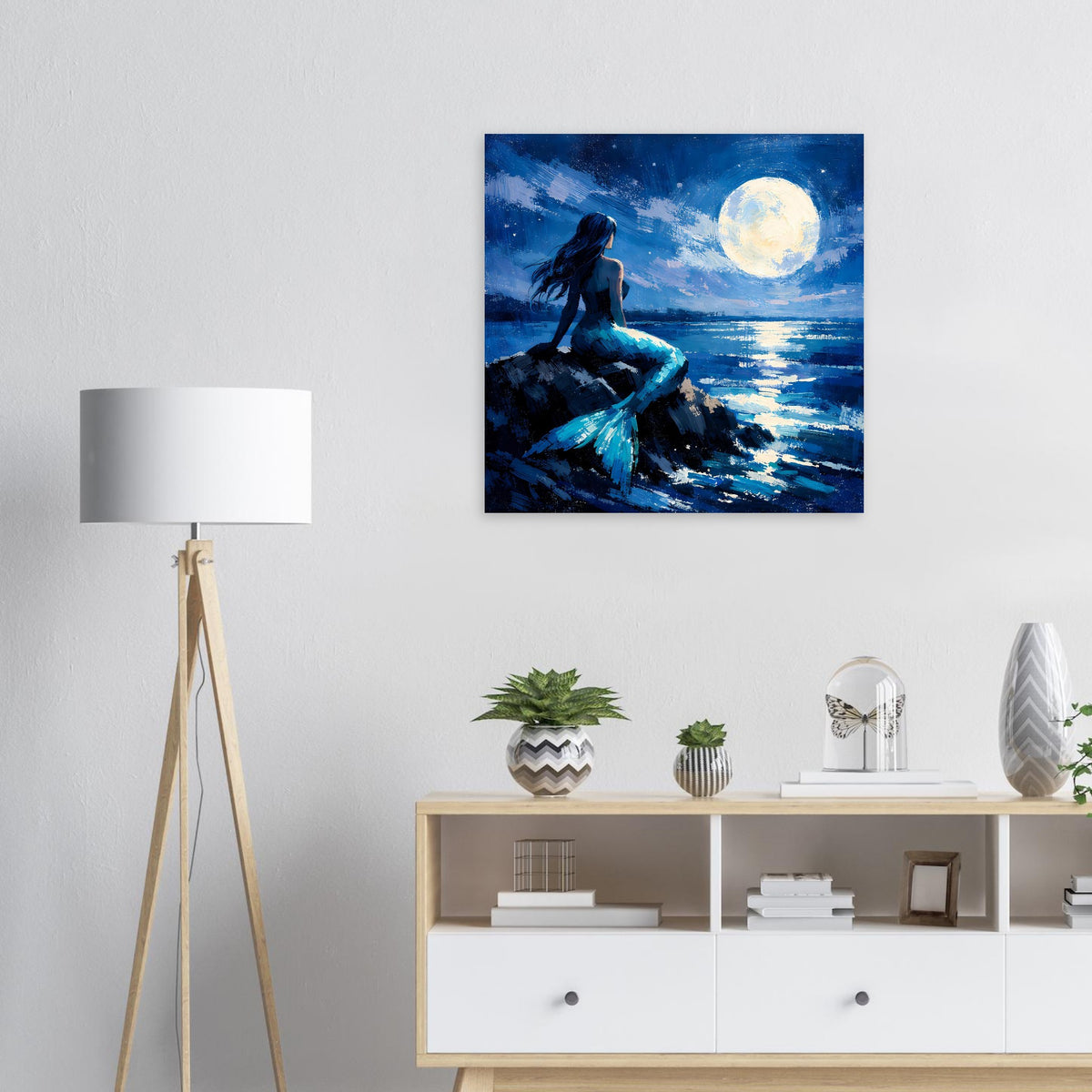 Quadratisches Wandposter mit Meerjungfrau und Mond über ruhigem Wasser