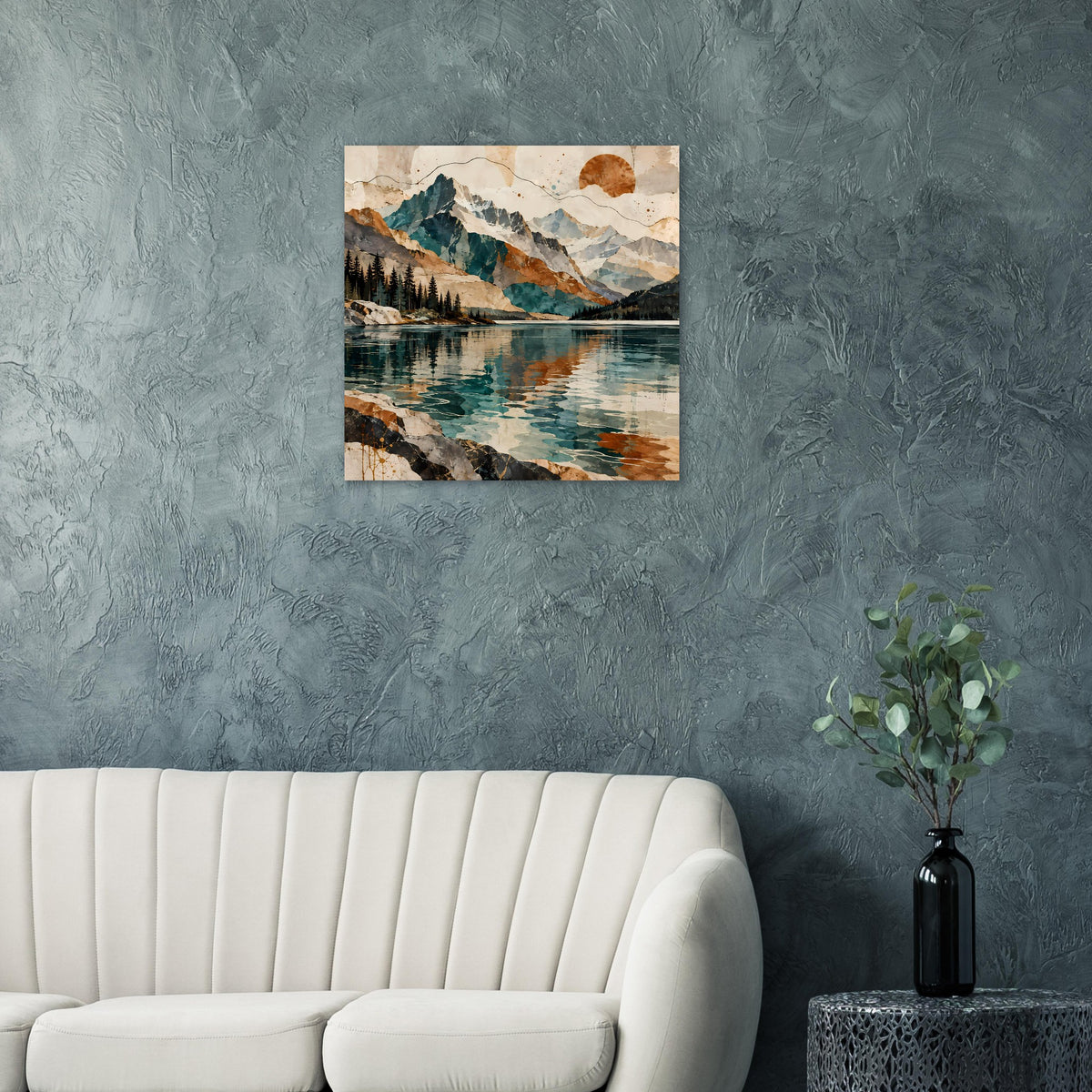 Wandposter mit Berg- und Seelandschaft, türkisfarbenes Wasser, Fels und Wald