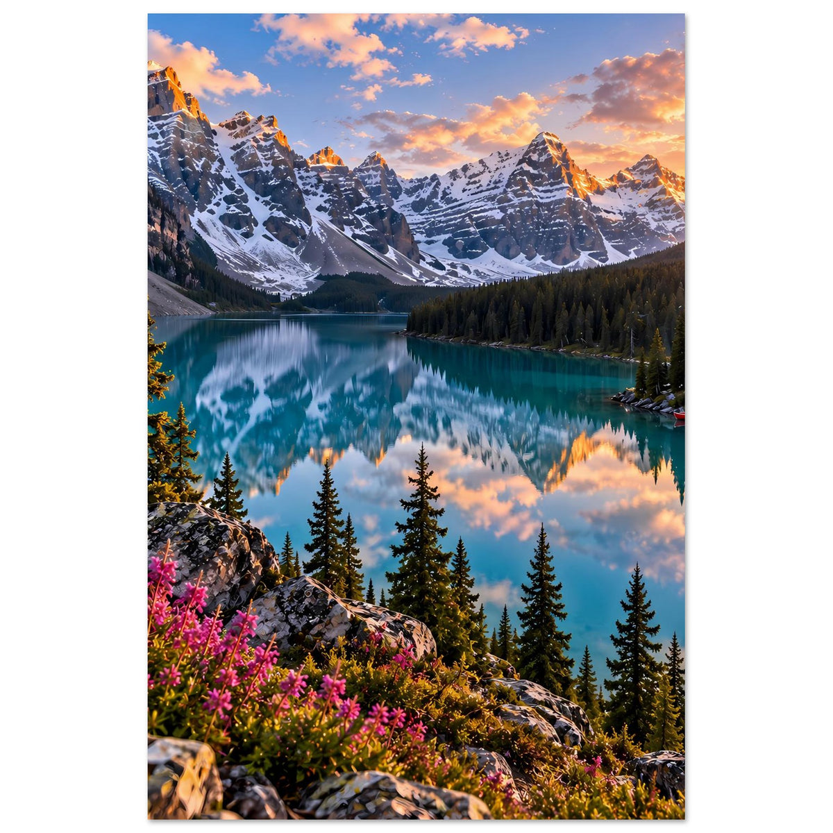 Hochformat-Wandposter mit Bergsee, schneebedeckten Bergen, Nadelwald und pinken Blüten